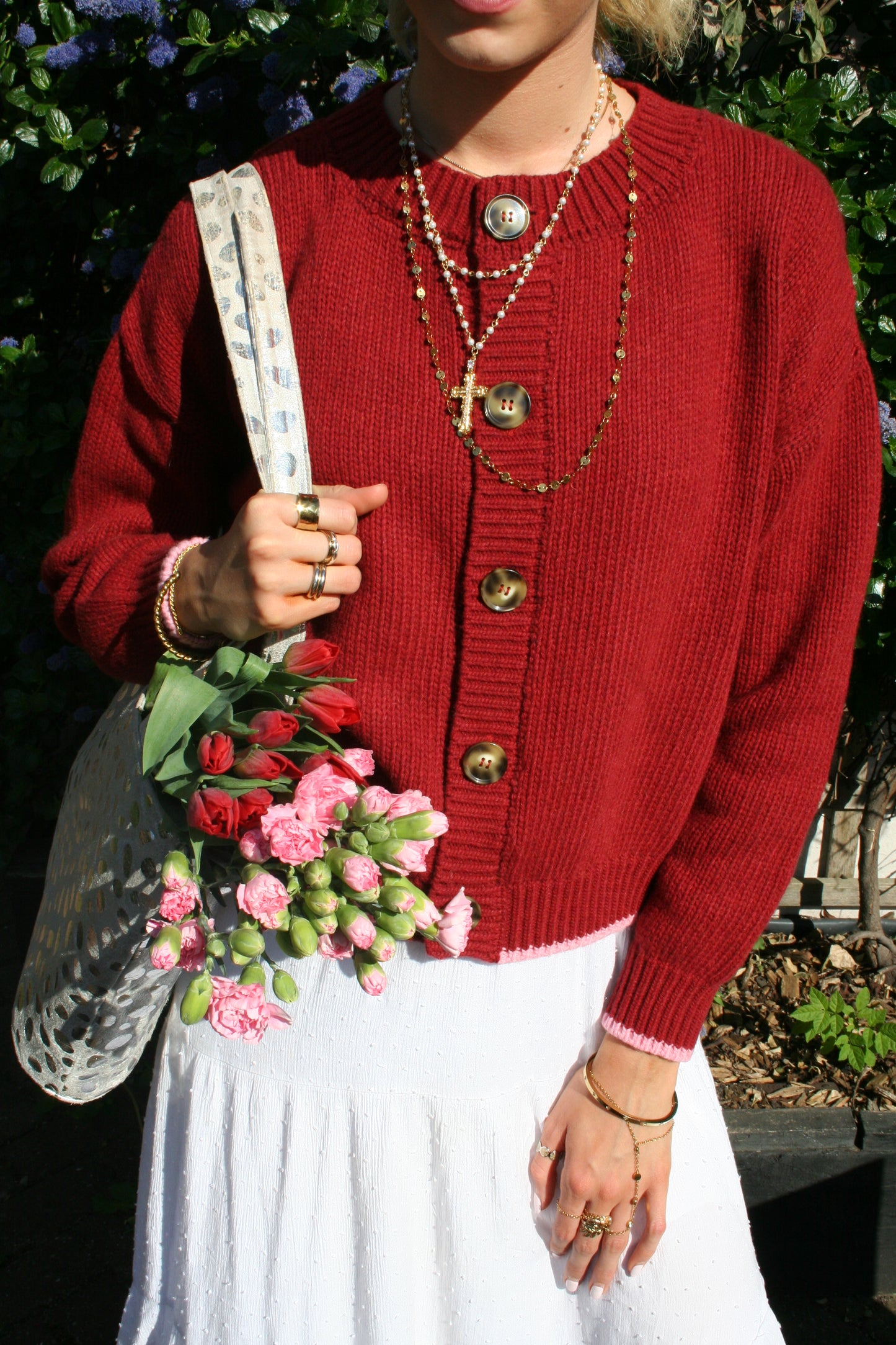 The Tess Cardigan - Cherry Red & Pale Pink