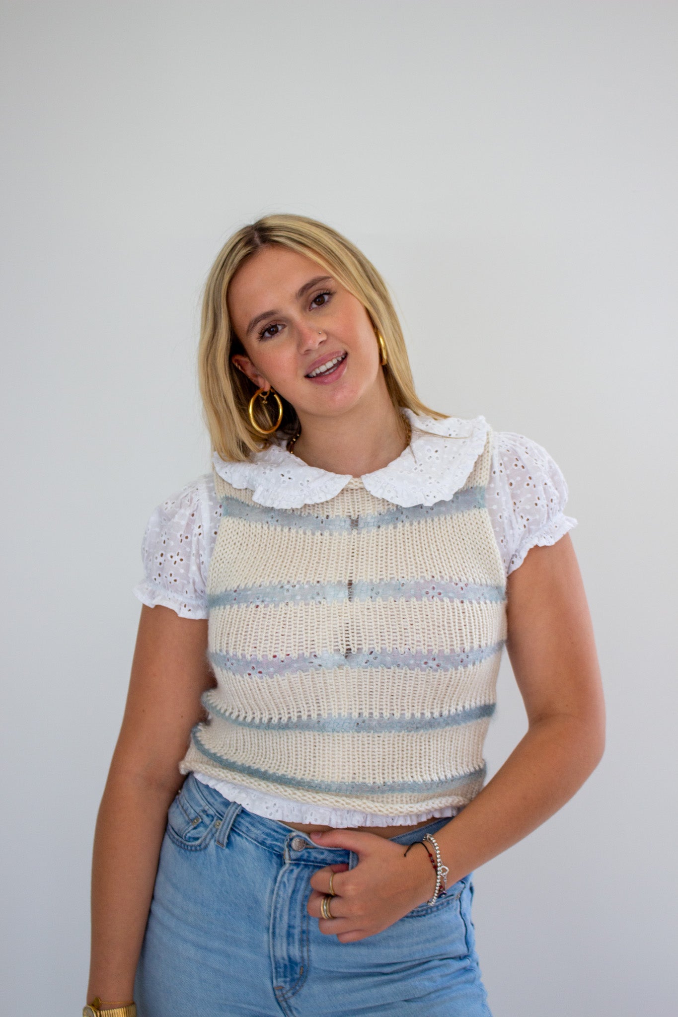 The Margot Top - Cream/Blue