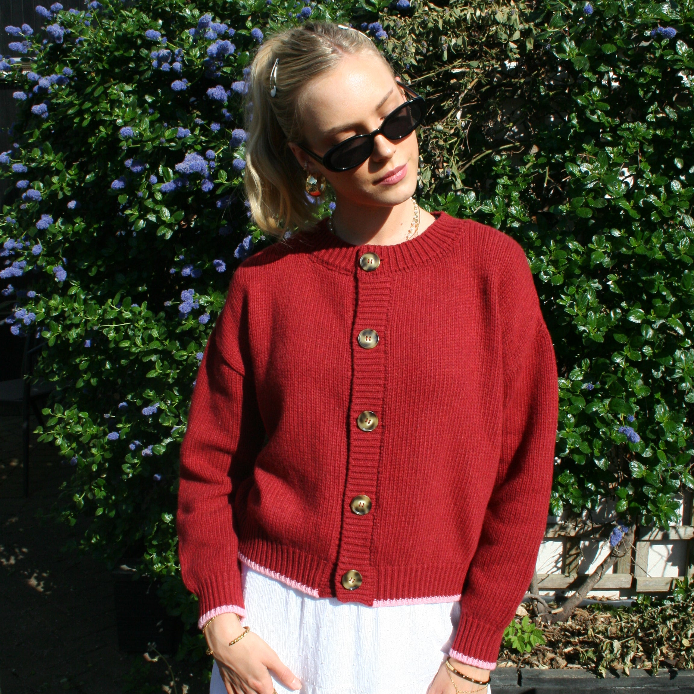 The Tess Cardigan - Cherry Red & Pale Pink