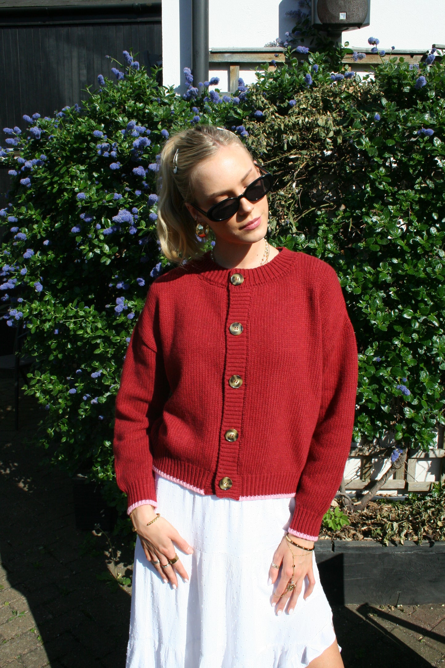The Tess Cardigan - Cherry Red & Pale Pink