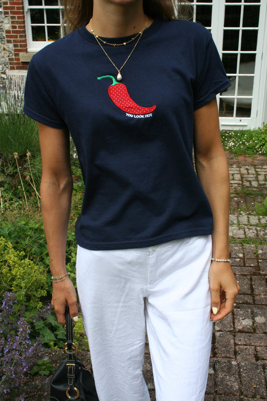 The SPICY Baby Tee - Navy and Polka Dot Chilli