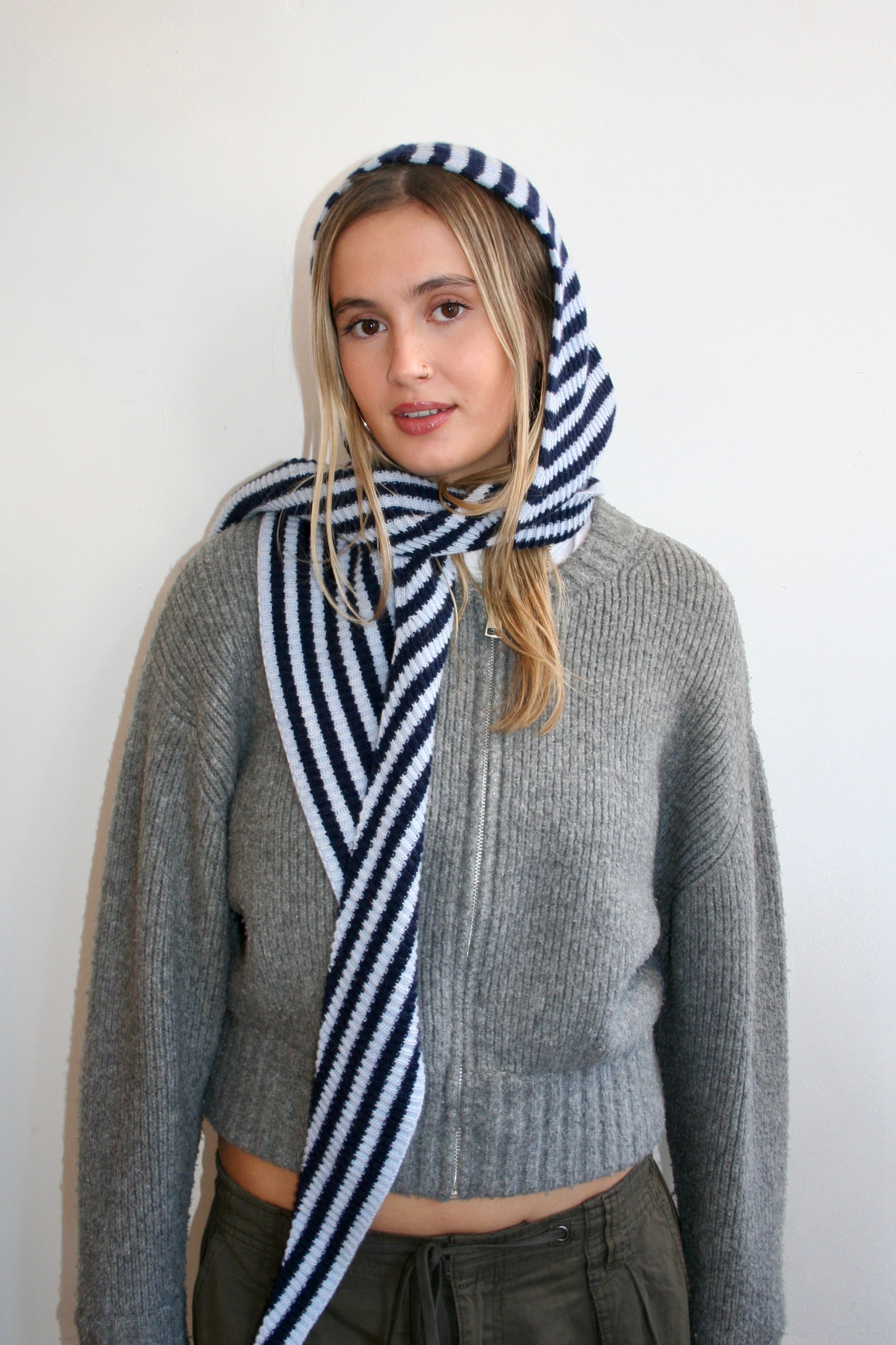 The Francesca Hooded Scarf - Navy & Light Blue