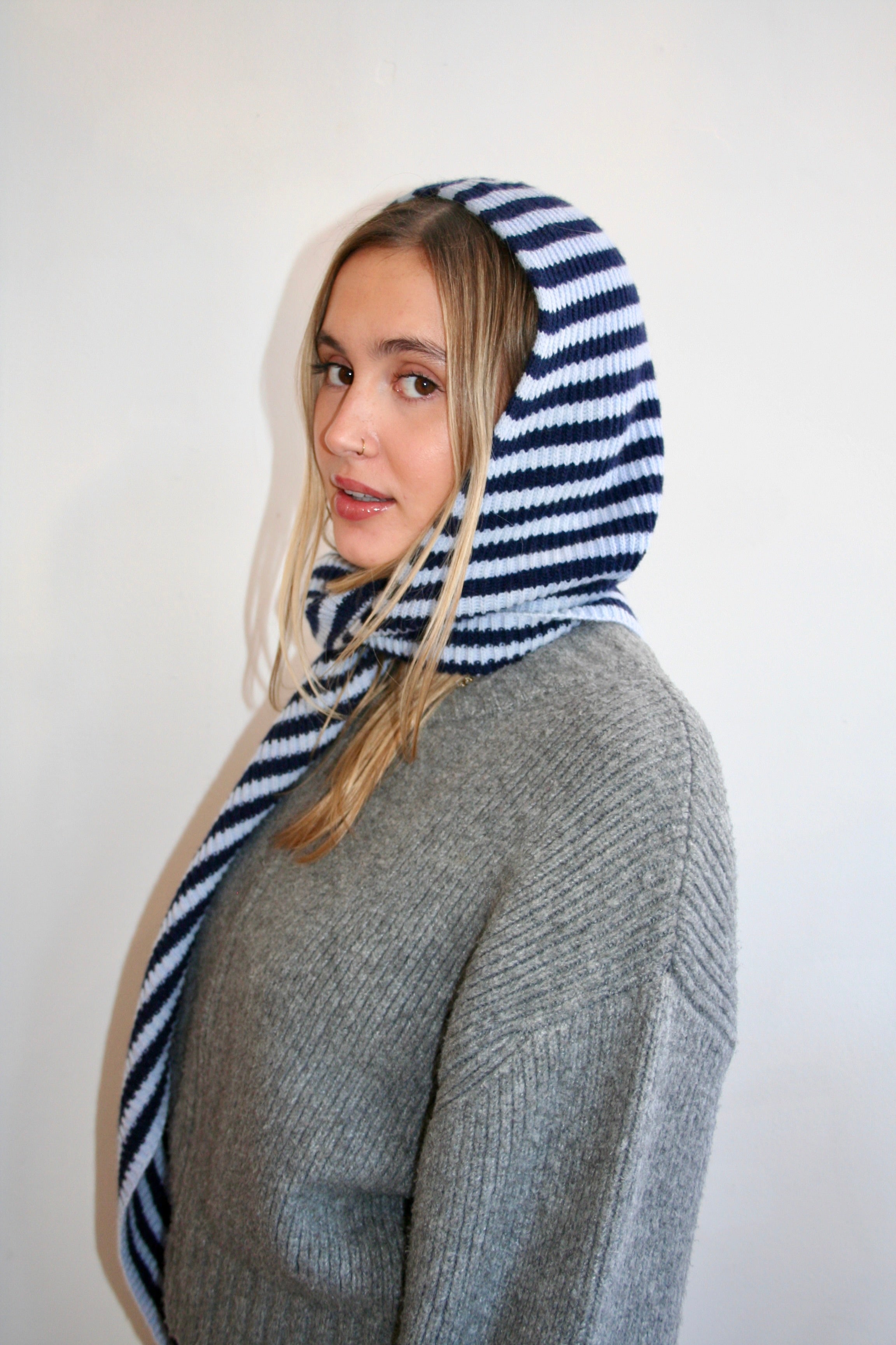The Francesca Hooded Scarf - Navy & Light Blue