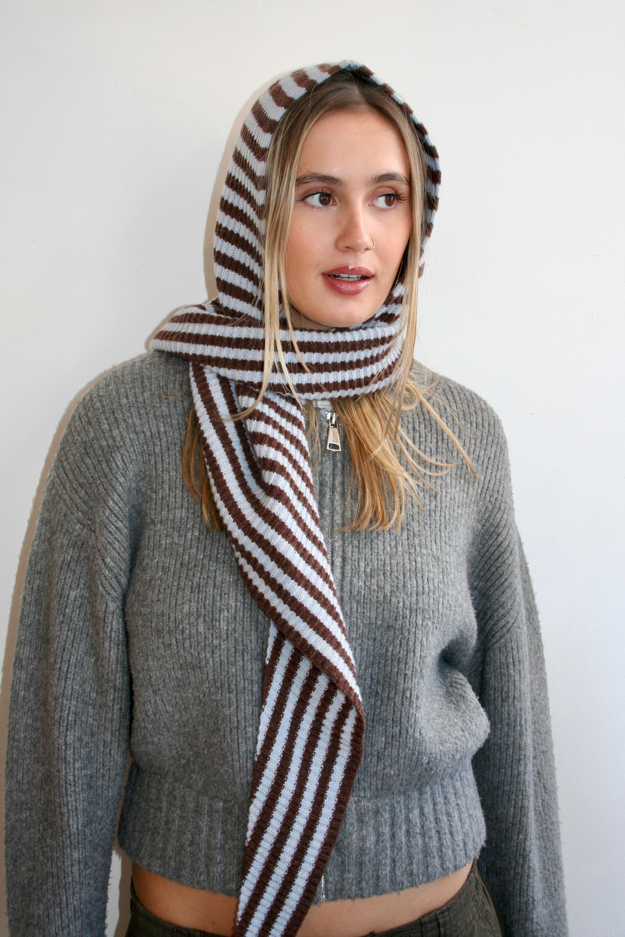 The Francesca Hooded Scarf - Brown & Light Blue