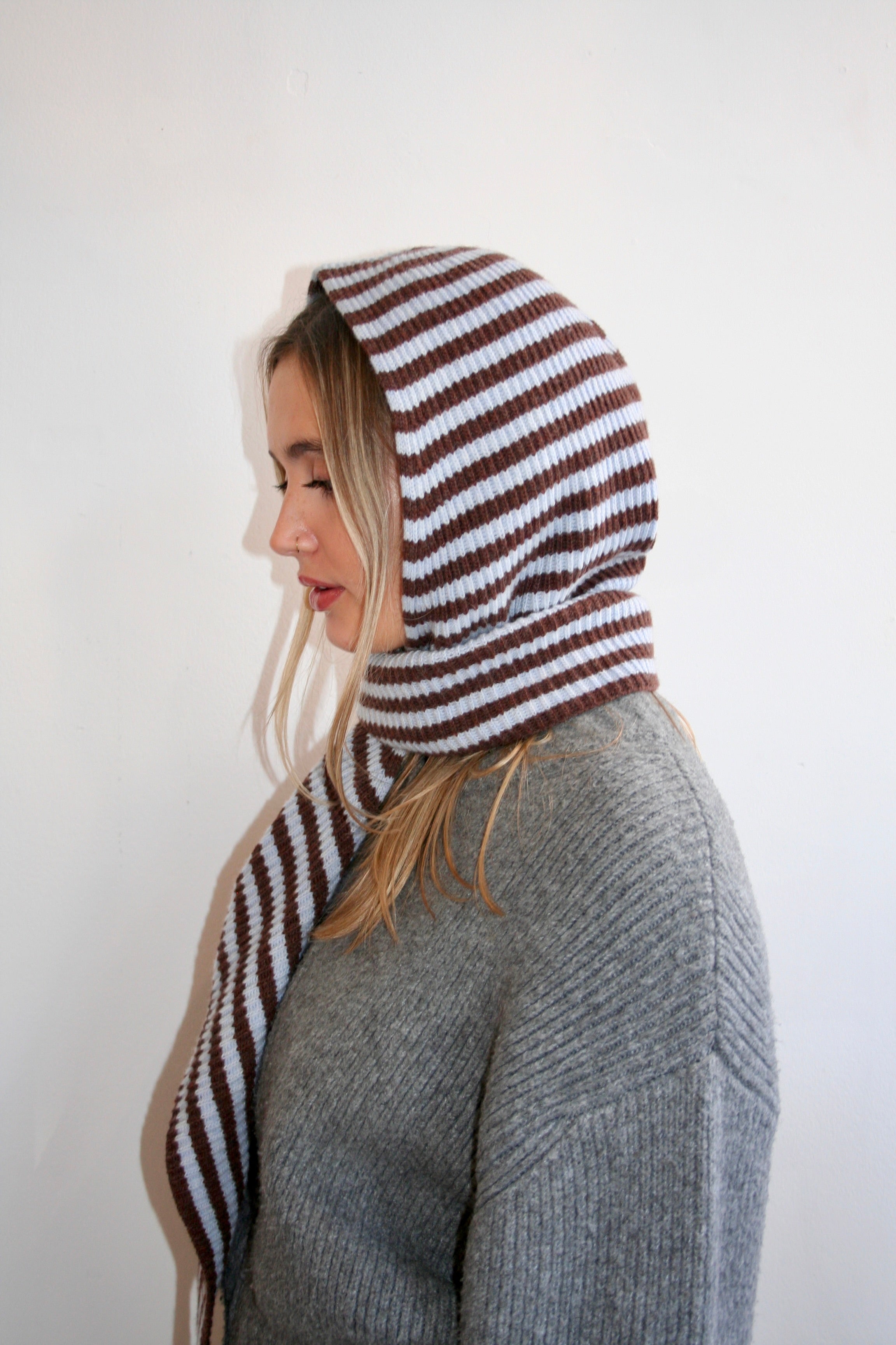 The Francesca Hooded Scarf - Brown & Light Blue